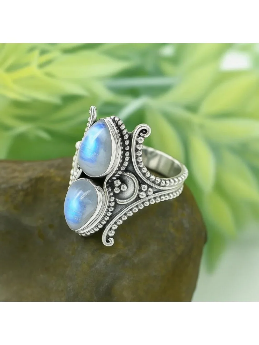 Bohemian Vintage 925 Sterling Silver Double Pear Cabochon Statement Ring